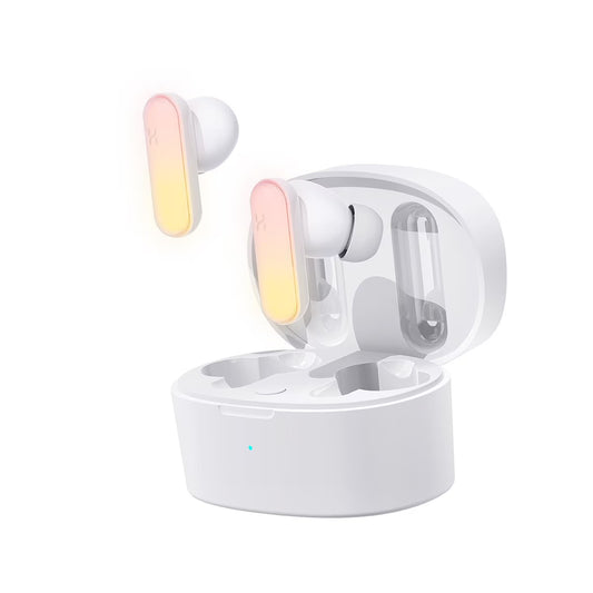 Wireless earbuds with charging case on a white background